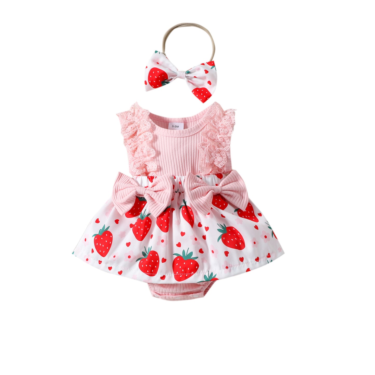 Sleeveless Infant Strawberry Print Bow Romper - Tiny Cherub